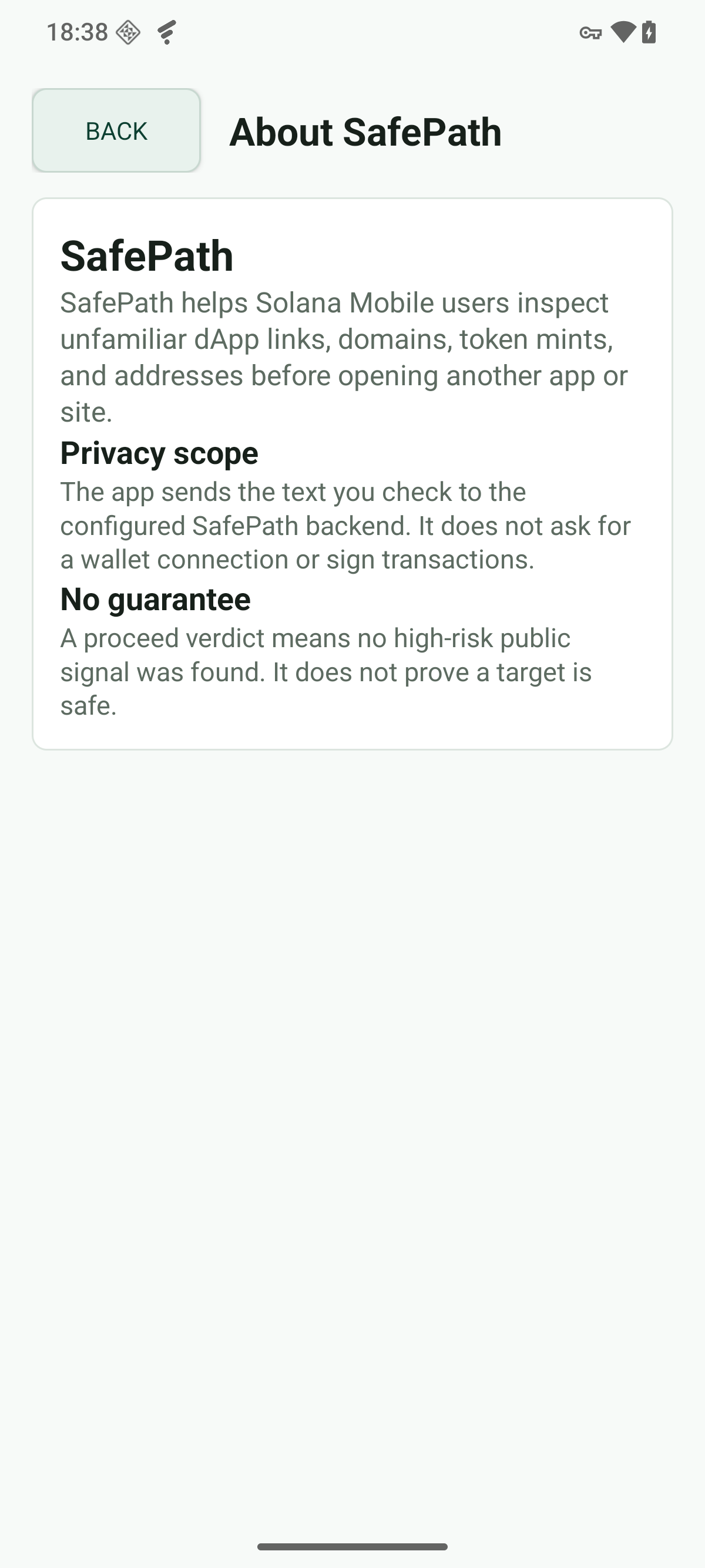 SafePath about and privacy screen describing read-only behavior