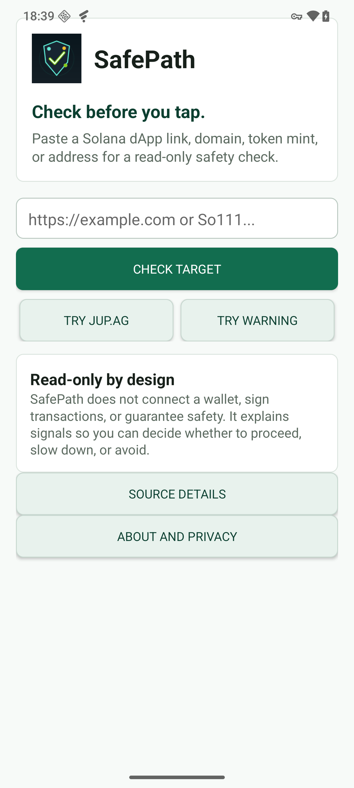 SafePath home screen with a target input and check button