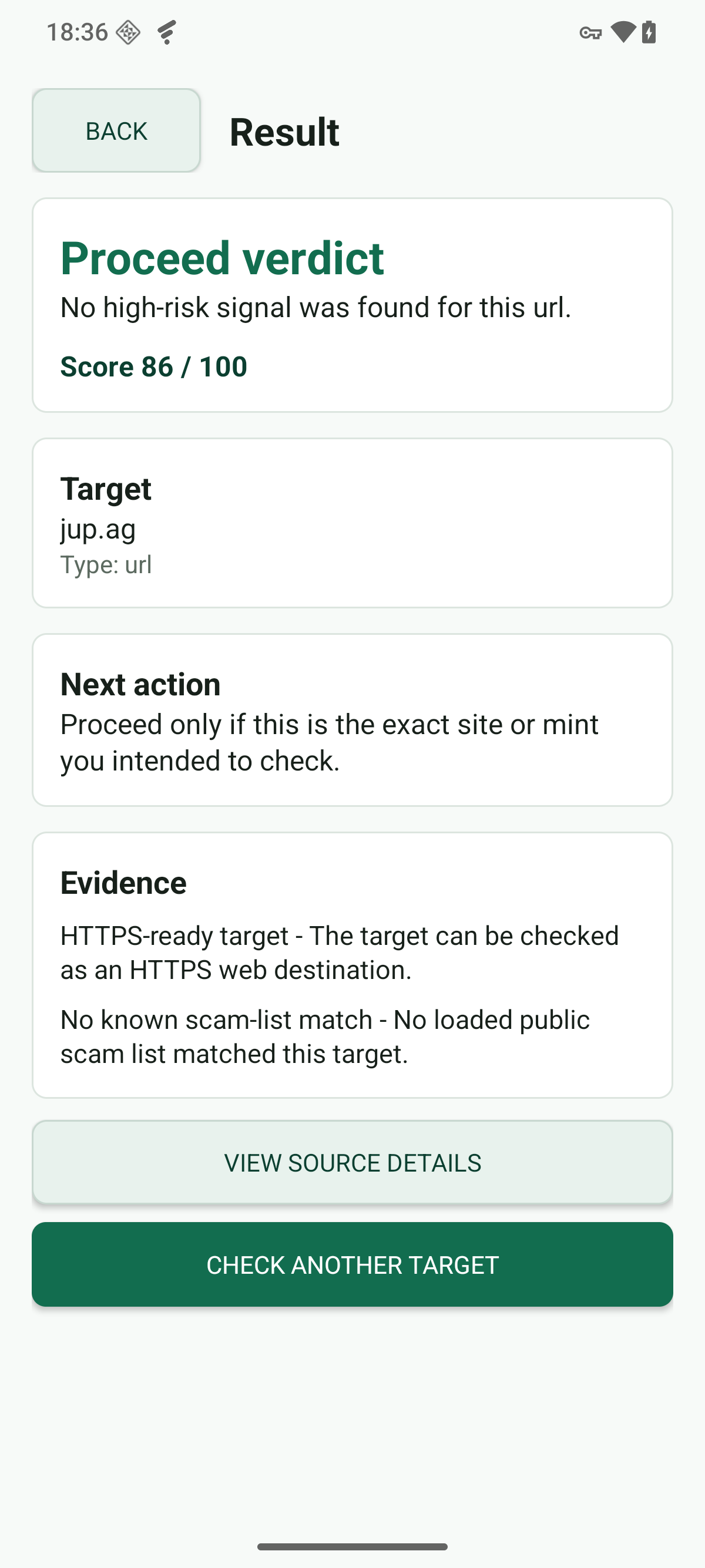 SafePath result screen showing a proceed verdict and token context