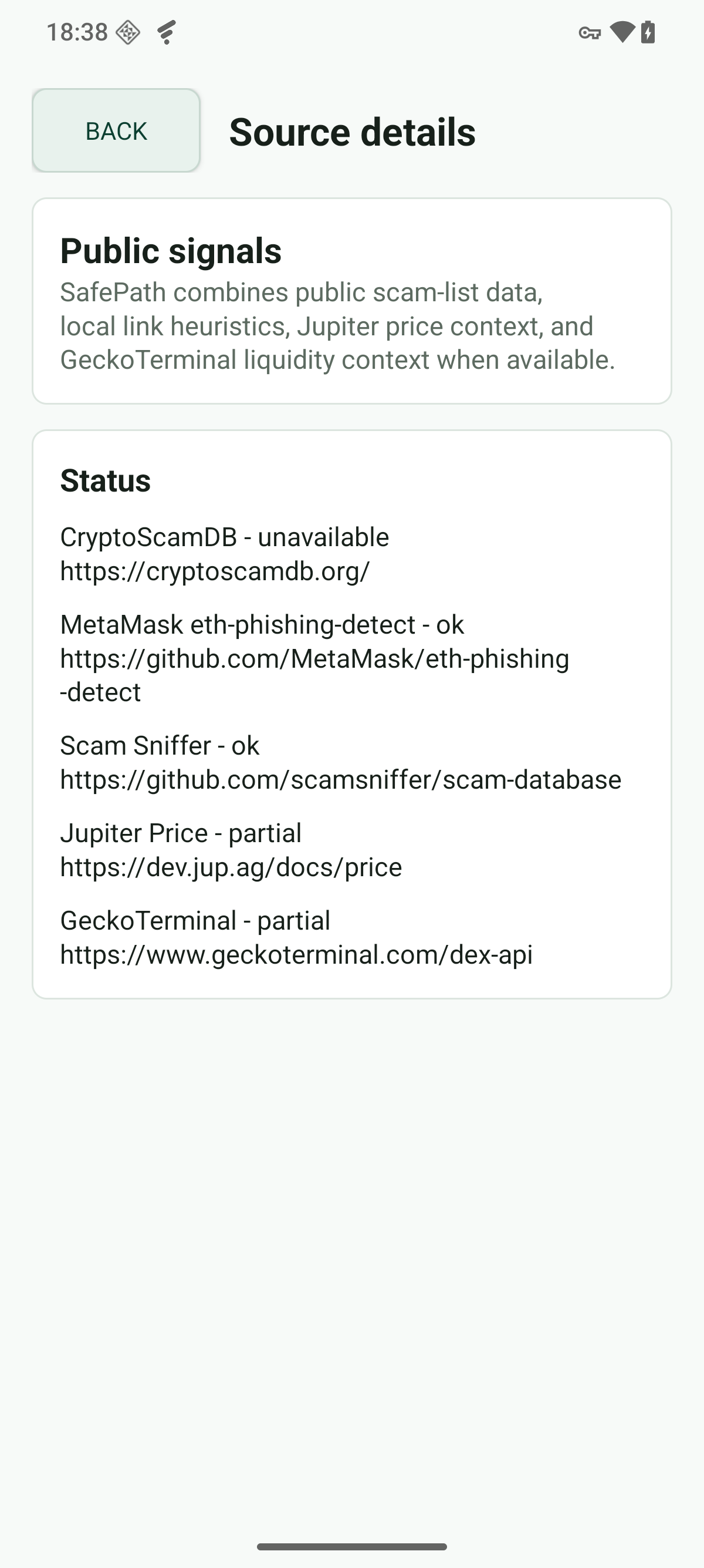 SafePath source details screen showing public data sources