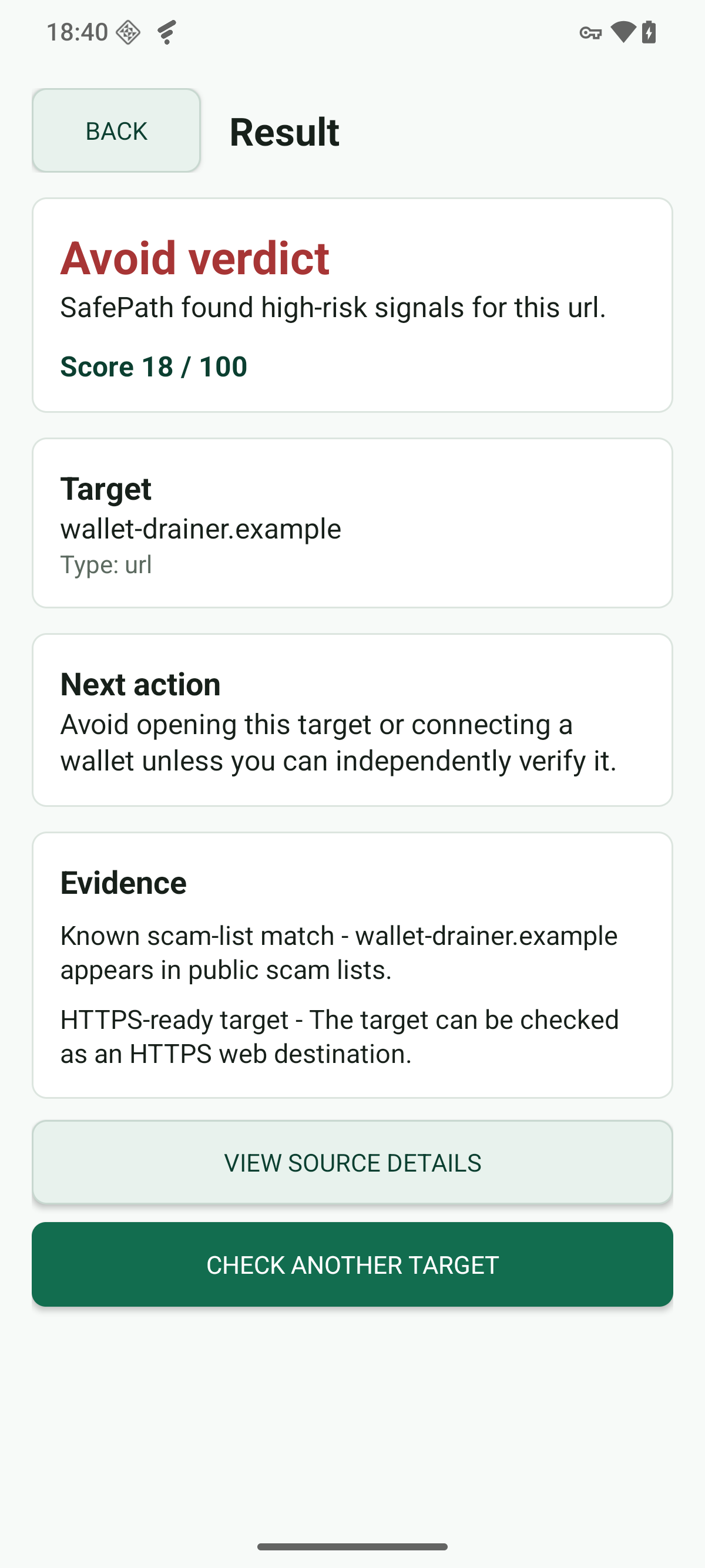 SafePath result screen showing a caution verdict for a risky target